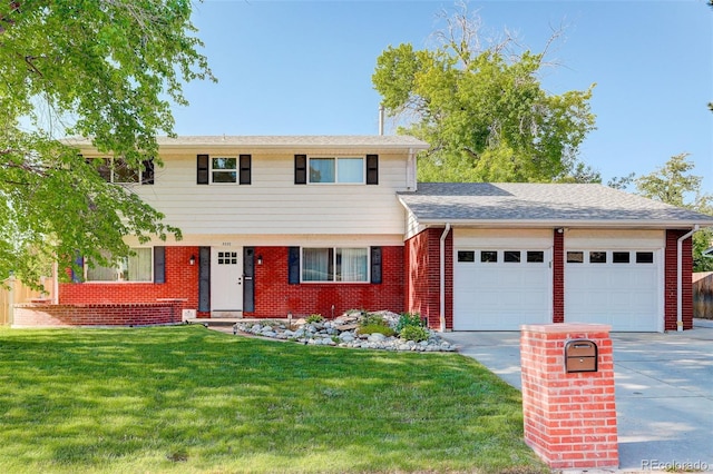 5332 W Roxbury Pl, Littleton, CO 80128 - view of front of home featuring a garage, driveway, a front lawn, and brick siding