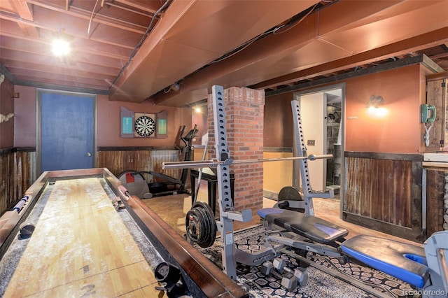 5332 W Roxbury Pl, Littleton, CO 80128 - exercise room featuring a wainscoted wall and wooden walls
