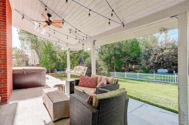 5332 W Roxbury Pl, Littleton, CO 80128 - view of patio with a hot tub, a ceiling fan, and outdoor lounge area