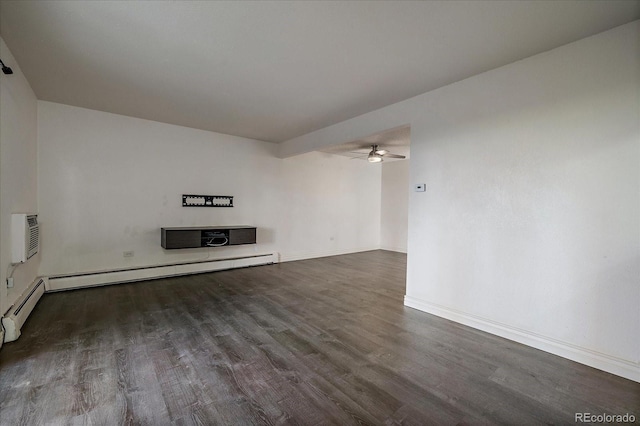 unfurnished living room with a baseboard radiator, wood finished floors, a ceiling fan, baseboards, and an AC wall unit