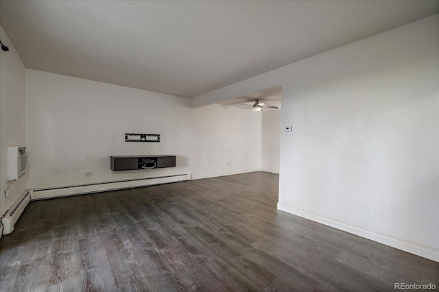 4569 S Lowell Blvd Unit B, Denver, CO 80236 - unfurnished living room with wood finished floors, a ceiling fan, a baseboard heating unit, baseboards, and a wall mounted AC
