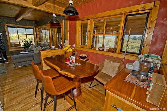 dining room featuring beam ceiling, light hardwood / wood-style floors, and wooden ceiling