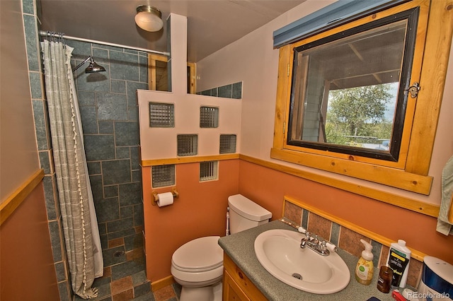 bathroom featuring vanity, toilet, and curtained shower