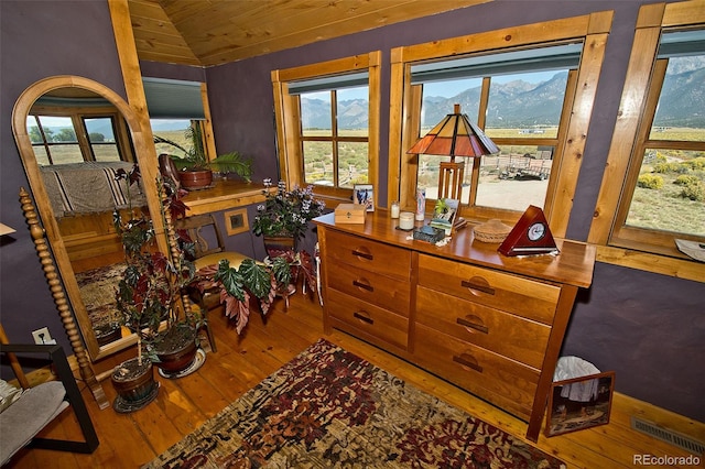 living area featuring lofted ceiling, hardwood / wood-style floors, a mountain view, and wooden ceiling