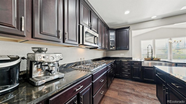 kitchen with dark hardwood / wood-style flooring, dark brown cabinets, and stainless steel appliances