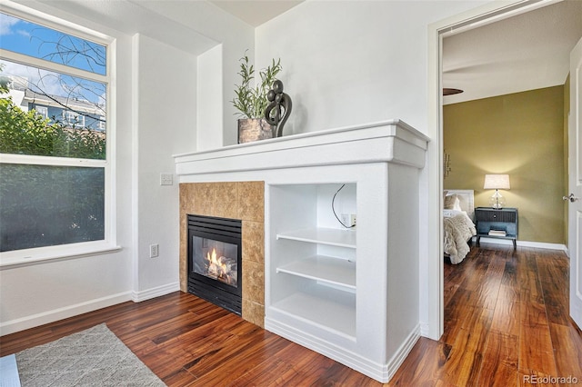 10184 Park Meadows Dr Unit 1102, Lone Tree, CO 80124 - detailed view of wood finished floors, a fireplace, and baseboards