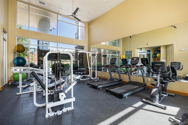 10184 Park Meadows Dr Unit 1102, Lone Tree, CO 80124 - workout area featuring a ceiling fan and a high ceiling
