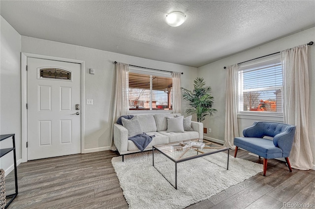 living room featuring wood finished floors, baseboards, and a textured ceiling