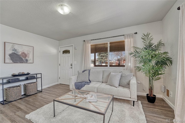 living area featuring a textured ceiling, baseboards, and wood finished floors