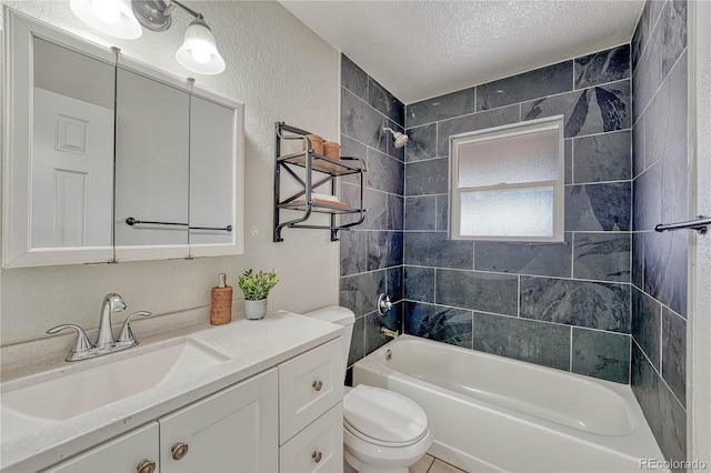 full bath featuring toilet, a textured ceiling, vanity, and  shower combination