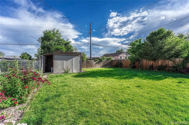 view of yard with an outbuilding, a fenced backyard, and a shed