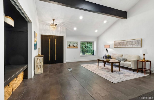 living room featuring dark wood-type flooring, a notable chandelier, and lofted ceiling with beams