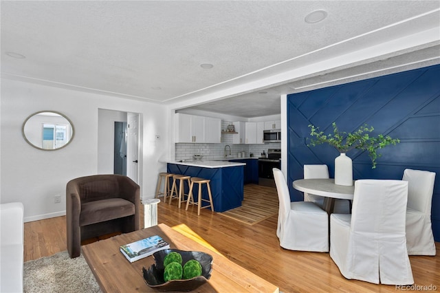 living area with light wood-style floors, baseboards, and a textured ceiling