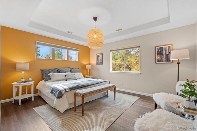 bedroom with a raised ceiling and dark hardwood / wood-style flooring