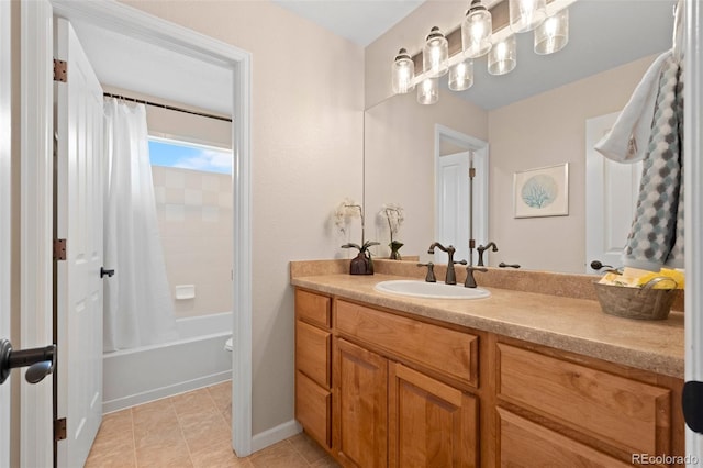 full bathroom featuring vanity, shower / bath combo, toilet, and tile patterned flooring