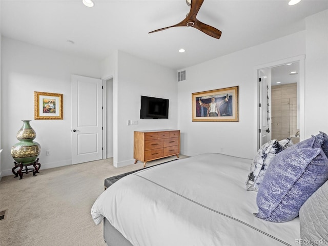 carpeted bedroom with recessed lighting, visible vents, ceiling fan, and baseboards