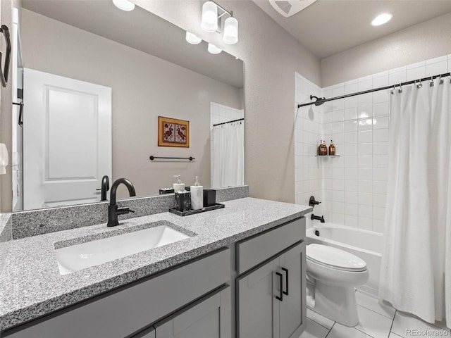 bathroom with toilet, tile patterned flooring, shower / bath combo with shower curtain, vanity, and recessed lighting