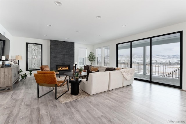 living room featuring a mountain view, a fireplace, and light wood-type flooring