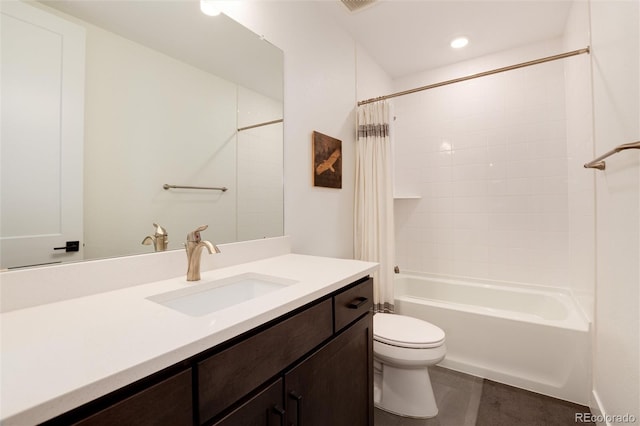 full bathroom with vanity, toilet, and shower / bath combo with shower curtain