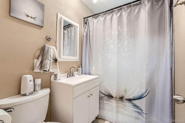 bathroom featuring vanity, toilet, and curtained shower