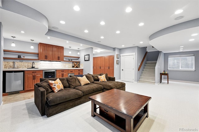 8276 E 28th Dr, Denver, CO 80238 - living room with beverage cooler, wet bar, stairway, recessed lighting, and light carpet
