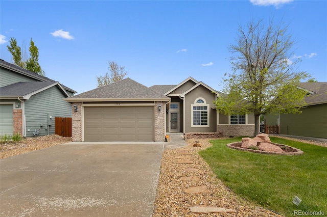 ranch-style home with a garage, concrete driveway, and brick siding