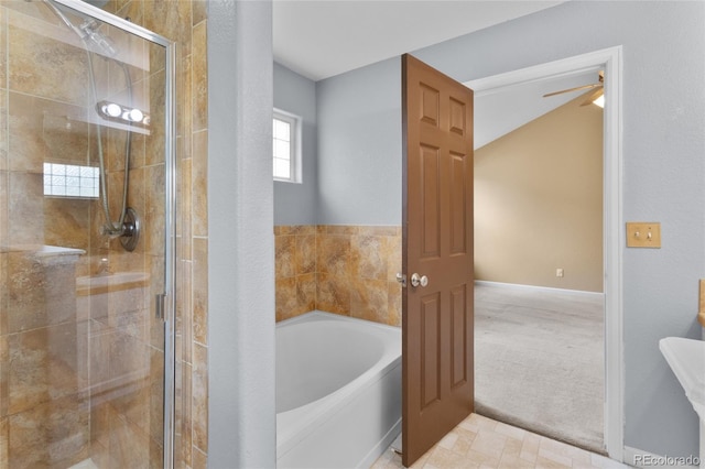 full bath with a bath and a stall shower