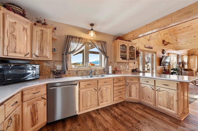 kitchen with kitchen peninsula, stainless steel dishwasher, sink, light brown cabinets, and dark hardwood / wood-style floors