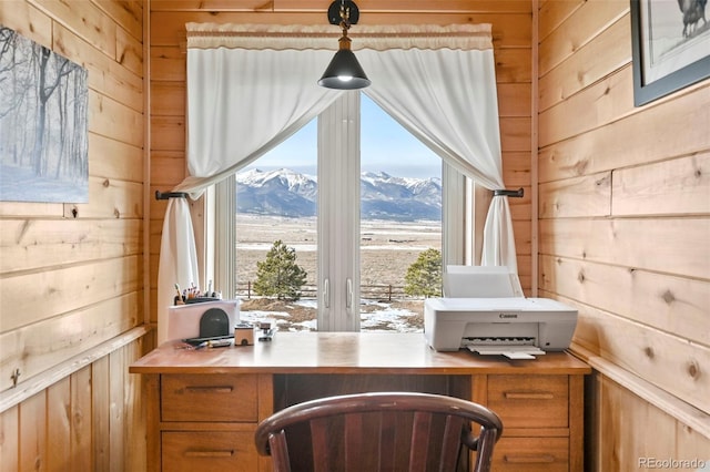 29 Howe Rd, Westcliffe, CO 81252 - office area with a mountain view, wooden walls, and built in desk