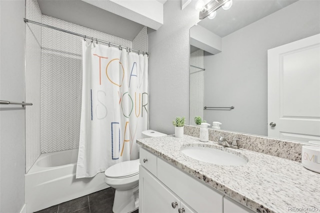 full bathroom featuring tile patterned floors, vanity, shower / tub combo, and toilet