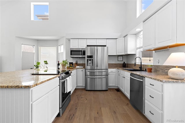 kitchen with appliances with stainless steel finishes, a sink, a towering ceiling, a peninsula, and wood finished floors