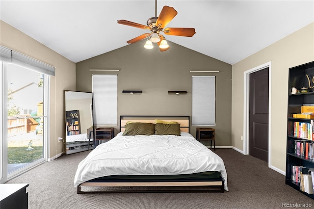bedroom featuring carpet flooring, access to outside, multiple windows, vaulted ceiling, and baseboards