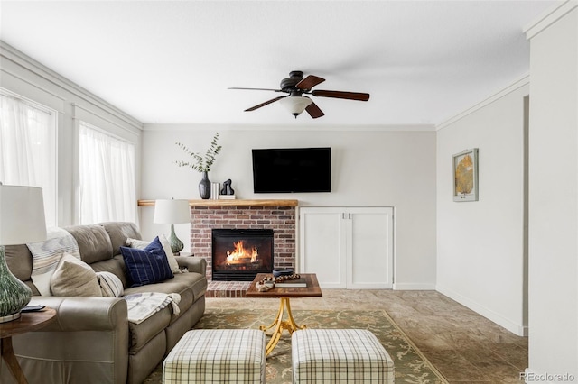6385 S Nelson Way, Littleton, CO 80127 - living area with ceiling fan, ornamental molding, and a brick fireplace