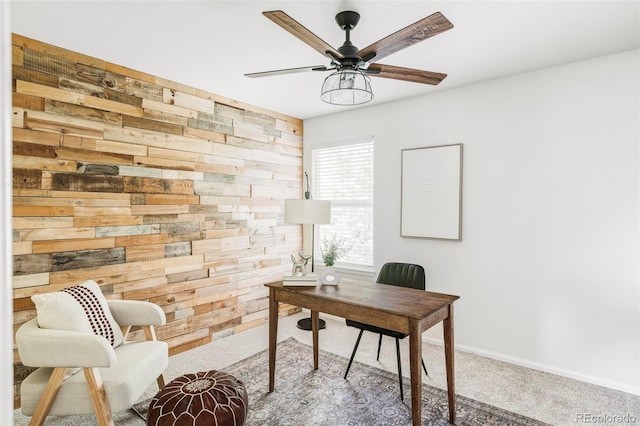 6385 S Nelson Way, Littleton, CO 80127 - carpeted home office featuring wood walls and a ceiling fan