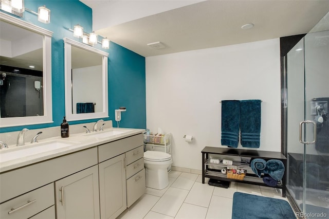 full bath featuring tile patterned floors, a stall shower, toilet, and a sink