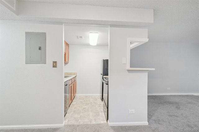 kitchen featuring electric panel, light carpet, stainless steel dishwasher, and black range with electric cooktop