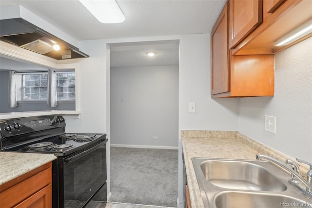 kitchen featuring sink, black range with electric cooktop, ventilation hood, carpet floors, and a textured ceiling