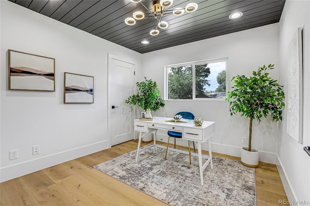 home office featuring light wood-type flooring and wood ceiling