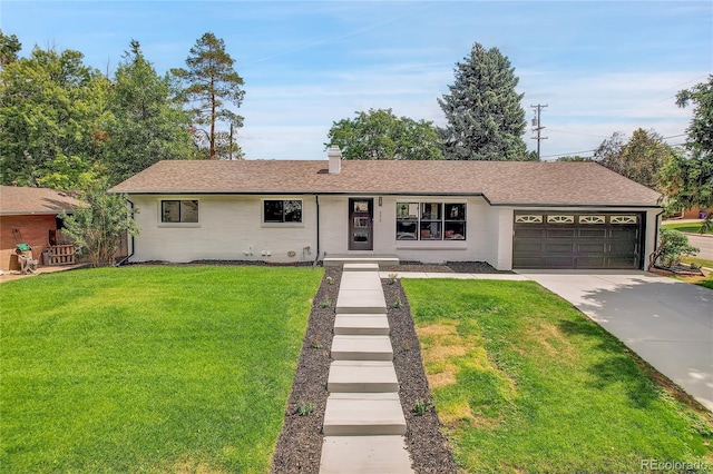 single story home with a front lawn and a garage