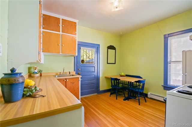 kitchen with light hardwood / wood-style floors, sink, electric range, and a baseboard radiator