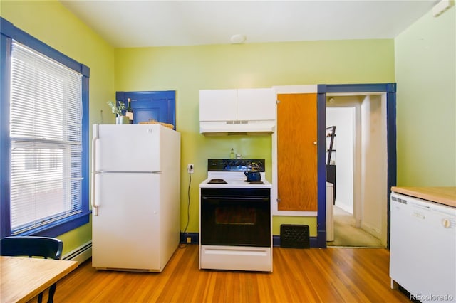 kitchen with white cabinetry, light hardwood / wood-style floors, a baseboard radiator, and white appliances