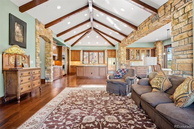 2480 Castle Butte Dr, Castle Rock, CO 80109 - living area with beamed ceiling, wood-type flooring, and high vaulted ceiling