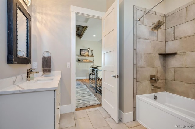 2480 Castle Butte Dr, Castle Rock, CO 80109 - full bath with tile patterned floors, baseboards, shower / tub combination, and vanity