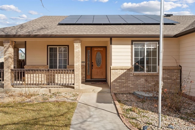 doorway to property featuring covered porch, roof with shingles, roof mounted solar panels, and brick siding