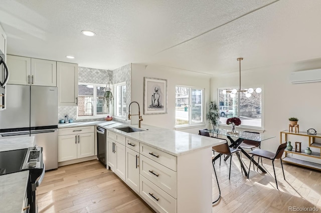 kitchen featuring a peninsula, stainless steel appliances, a sink, light wood-style floors, and a wall mounted air conditioner