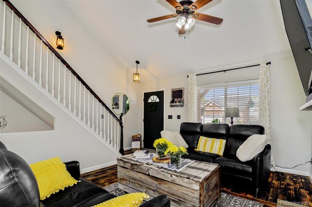 1156 White Stone Way, Fountain, CO 80817 - living area featuring wood finished floors, stairway, baseboards, ceiling fan, and high vaulted ceiling