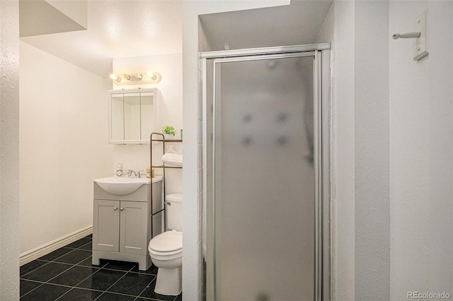 13118 Ash St, Thornton, CO 80241 - bathroom with tile patterned floors, vanity, and a shower stall