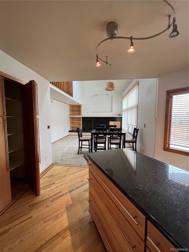 kitchen featuring baseboards, light wood-type flooring, and rail lighting