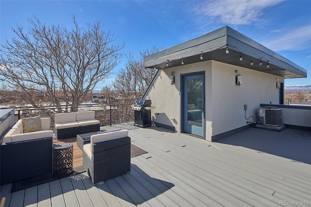 deck featuring central AC unit, grilling area, and outdoor lounge area