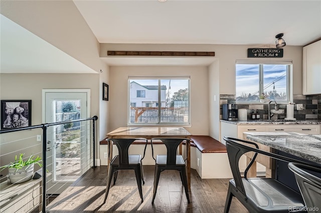 dining area with dark hardwood / wood-style flooring and sink